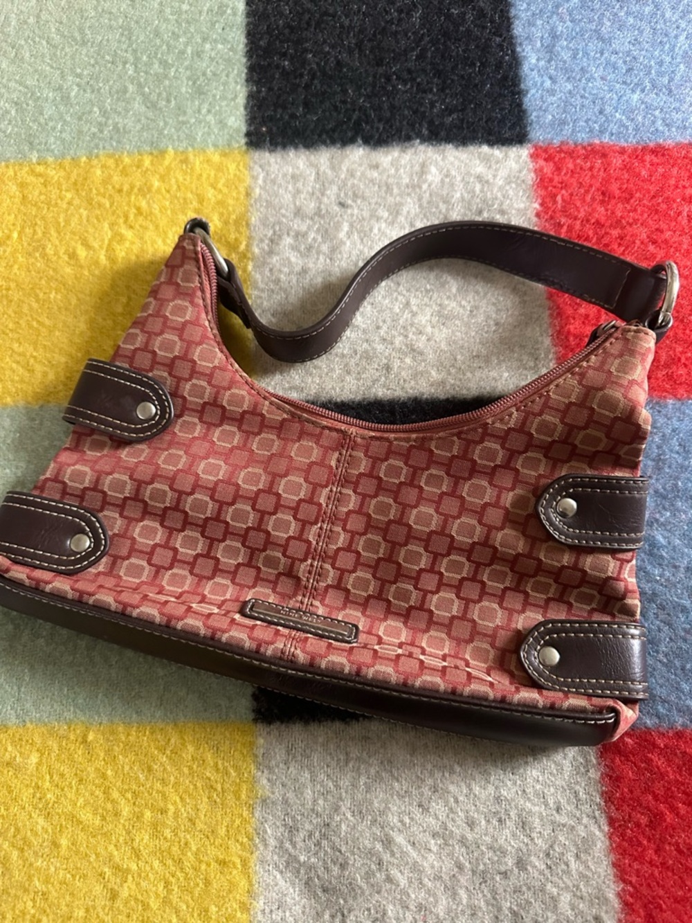 Nine West Pink Coral Geometric Shoulder Bag with Brown Trim